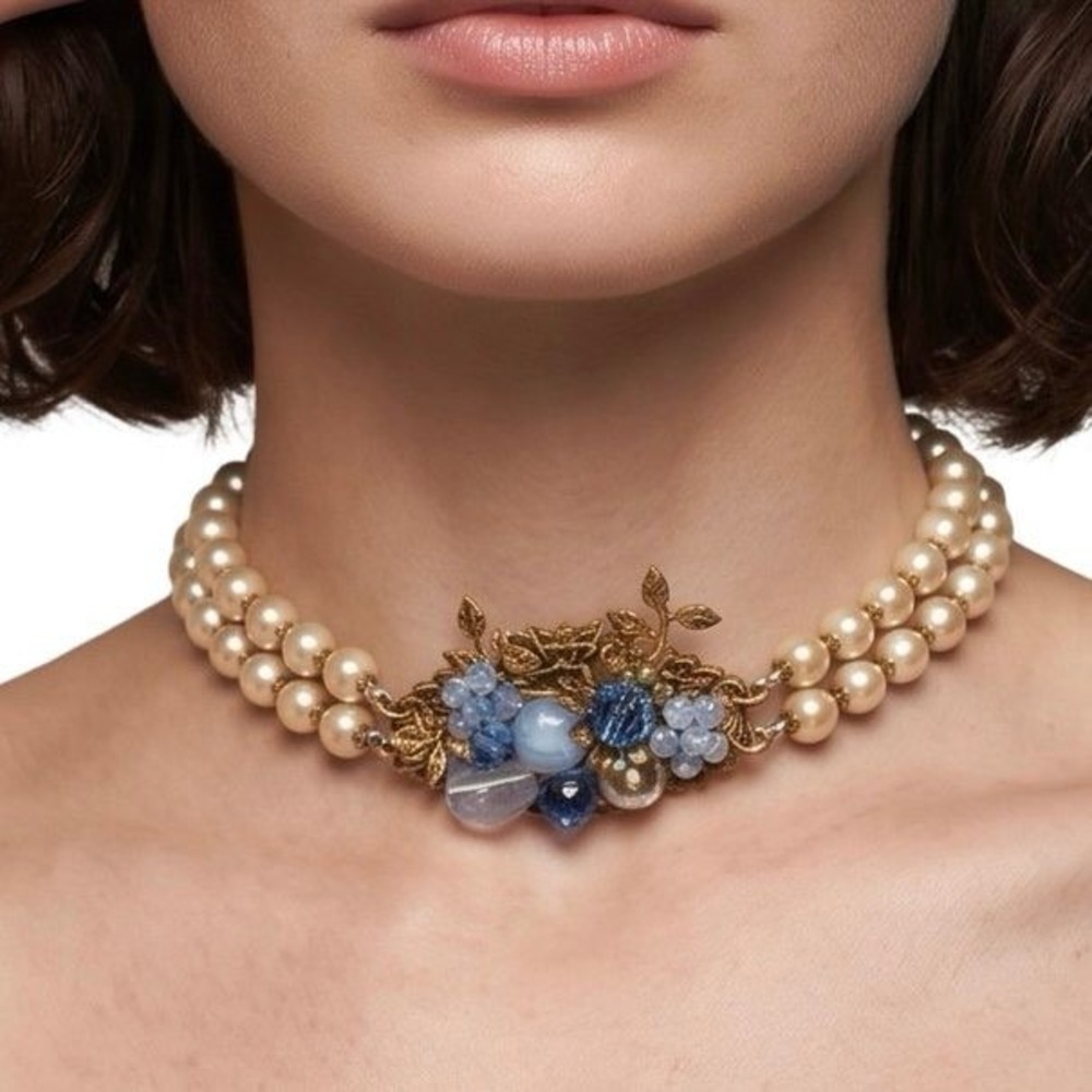Vintage Miriam Haskell Double Strand Baroque Pearl Blue Glass Choker Necklace
